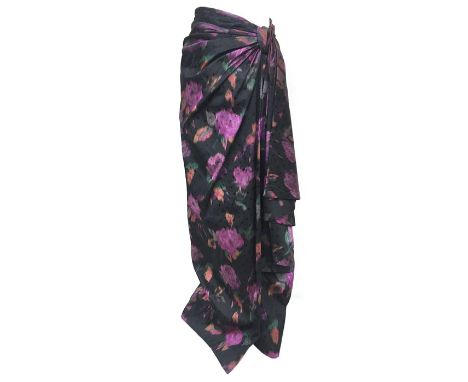 1980s Murray Arbeid evening skirt in heavy jacquard silk, black with ikat like roses in pink, grey and orange, beautifully cu