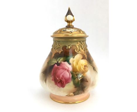 A c.1911 Royal Worcester rose jar and cover, painted by A Hood, signed, with Hadley style roses, 16.5cmH, printed marks to ba