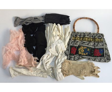  Group of vintage kid and cotton and silk and nylon gloves, 17 pairs in all, with Swiss tapestry handbag