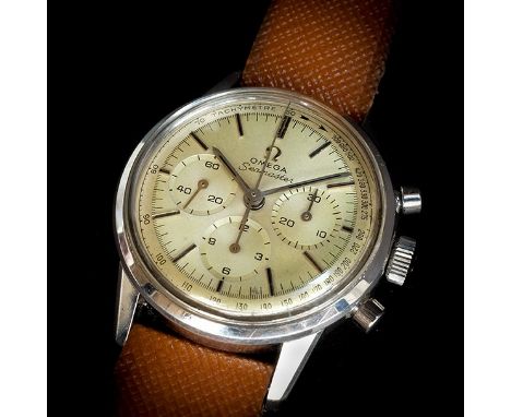A RARE GENTLEMAN’S STAINLESS STEEL OMEGA CHRONOGRAPH WRIST WATCHCIRCA 1963, REF. 105.001, silvered dial with baton markers, c
