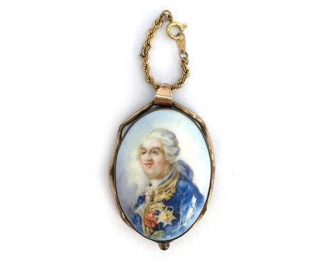 A portrait miniature of Louis XVI (1754-93) on porcelaine, set in yellow metal frame, 4x5.5cm. King Louis XVI is shown wearin