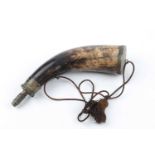 Georgian Musketeer's horn powder flask with internal spring release and plated mounts Fair condition