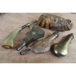 Horn powder flask together with three brass and copper powder flasks, and a bundle of Baldwin's
