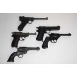 Box containing 5 replica pistols inc. Webley MkVI by Denix and Brigadier M95 8mm blank firer (action