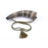 Georgian horn powder flask with brass end cap inscribed John Turnbull GSS Fair but cap missing and