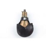 Copper and brass powder flask with embossed shell decoration within contemporary leather belt
