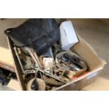 Box of assorted reloading tools and shooting spares inc. cartridge bag, capper/decapper, and