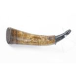 A heavy gunner's powder horn with scrimshaw decoration including WD and 1769, length 14 ins Fair