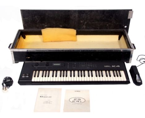 Kawai K4 16-bit Digital Synthesiser in flight case, together with Yamaha foot pedal, manual and leads.