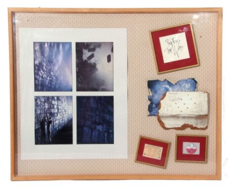 Large signed and framed artist's montage of Pink Floyd's 'The Wall' items, including a section of the Wall backdrop from the 