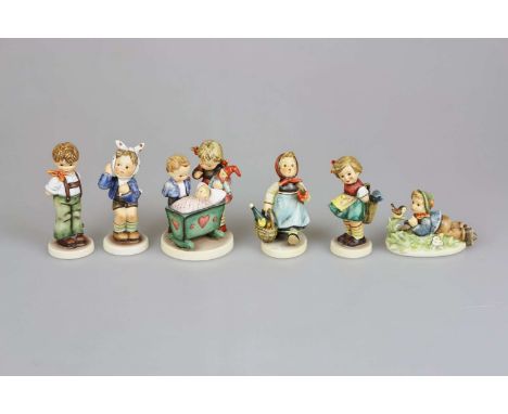 Sechs Hummel Figuren: das große Ereignis 333; Schmerz lass nach 217; Vergissmeinnicht 377; ich wars nicht 626; Faulenzer 612;