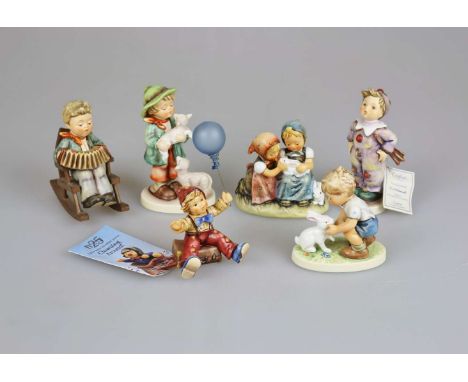 Sechs Hummel Figuren: Osterfreunde 384; erste Begegnung 615; Schäferbib 64; Übungsstunde 771; Carnival 328; Flieg nicht weg 2