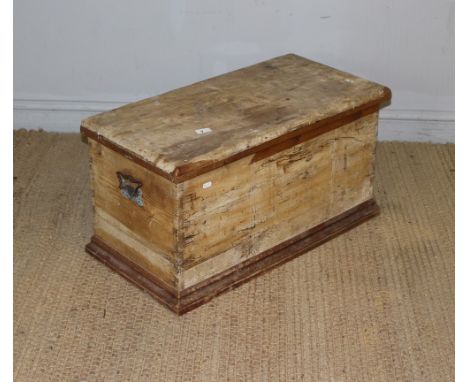 An antique pine trunk of traditional design  39cm x 78cm x 38cm replacement section to top of facia, some old worm damage thr