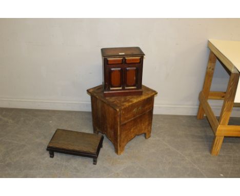 A 19th century pine box, with dummy drawer and shaped integral bracket feet 47cm x 43cm a small stained wood smokers cabinet 