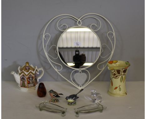 A decorative heart-shaped mirror, a Myott Art Deco design jug, two Beswick birds, two glass paperweights and two milk bottle 