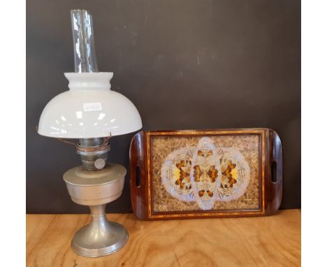 Vintage inlaid hardwood tray, probably Brazilian, inset with butterfly wing diorama, 47cm x 28cm, and a Super Aladdin chromed