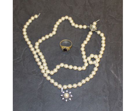 A gents silver gilt Gypsy ring, size W and an Isle of Bute Silver and cultured pearl necklace, one strand requires re-stringi