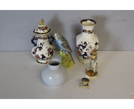 A Masons Blue Mandalay vase, Masons Blue Mandalay lidded vase, a Poole pottery globular vase, a Beswick Budgerigar, a Goebal 