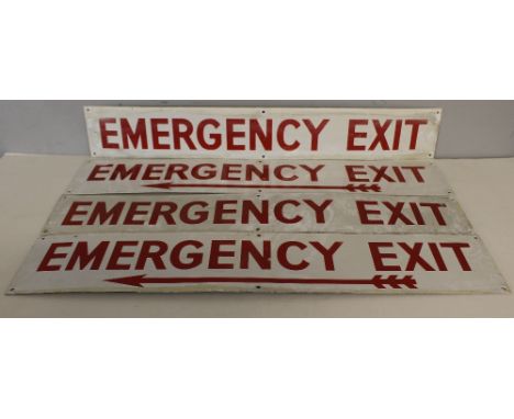 A group of four vintage enamel 'Emergency Exit' signs 15.5cm x 81.5cm one with paint and plaster residue.