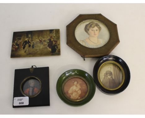 A 19th century style portrait miniature of a military gentleman, an oval photograph of a lady, and two framed and printed ima
