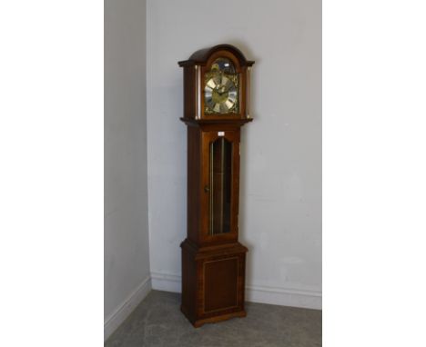 A modern mahogany Westminster chime grandmother clock, by Richard Broad, Bodmin Cornwall. The arched hood with rolling moon p