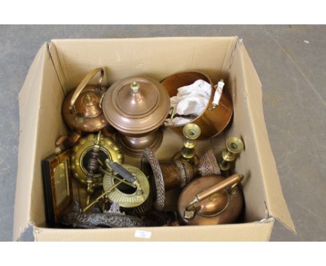 A box of mixed metal wares, including two Victorian copper kettles, a copper and brass samovar, brass candlesticks, brass spi