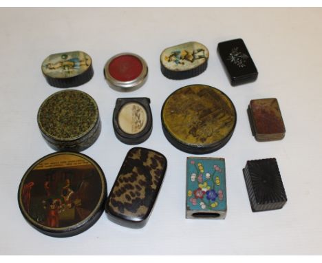 A selection of various snuff boxes, powder boxes, enamelled match box case etc.