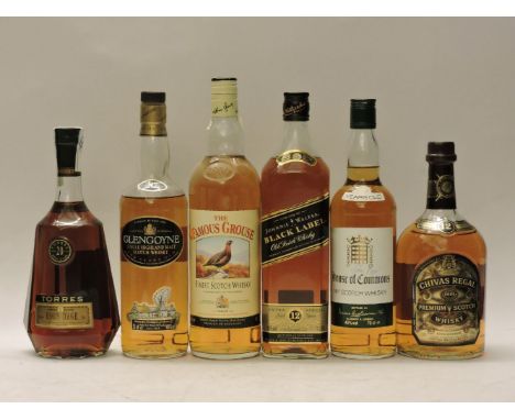 Assorted to include one bottle each: Famous Grouse; Johnnie Walker Black Label, 12 Year Old, (boxed); Torres, Hors D’Age, 20 