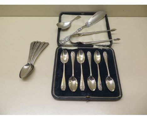 Assorted silver flatware, a boxed set of 6 teaspoons, London 1917, 6 teaspoons London 1799 George smith &amp; Thomas Hayter, 