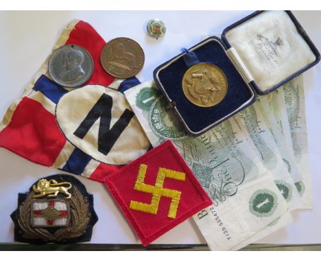 A USA Infantry Division 1924-1939 patch, a victory hall badge, a pendant, a badge, a HMS Malaya 1933 football medal, 2 Royal 