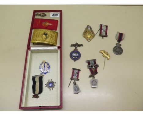 9 assorted silver and other medallions, Masonic, Oddfellows, Buffalo including Knights of Pythians US Army of Lilly Sword Buc