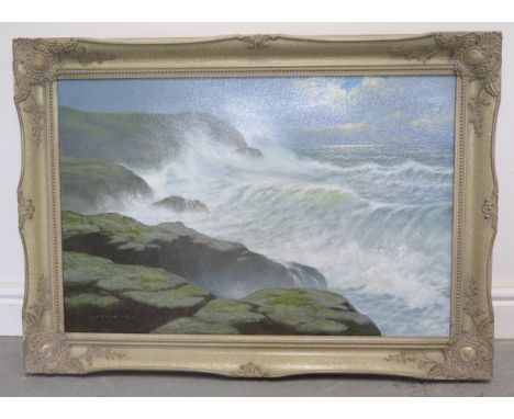 Gerald Coulson, British 1926-, oil on canvas seascape in a cream distressed finish frame, frame size 64cm x 90cm, in good con