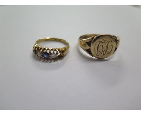 A hallmarked 9ct yellow gold signet ring, size R, approx 3 grams and an 18ct hallmarked ring, missing a stone, approx 1.3 gra