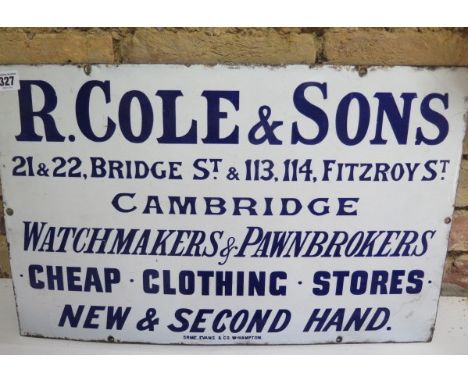 An enamel R.Cole &amp; Sons Watchmakers and Pawnbrokers Cambridge enamel sign, 36cm x 56cm, some small chips but generally go