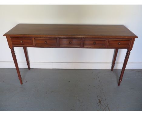 A new hardwood veneer 5 drawer hall table on turned legs, made by a local craftsman to a high standard, 77cm tall x 148cm x 4