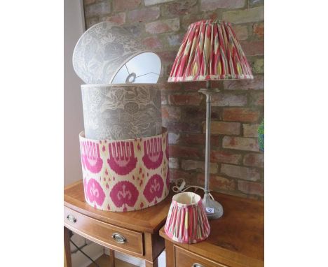 Two Sam Wilson owl and fox lampshades, 40cm and 30cm, a Pooky lamp with shade and mini shade and a Kate Forman Jag lampshade 