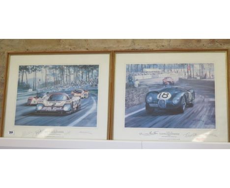 Two Gerald Coulson Racing prints, Le Mans 1988 and Le Mans 1953, both signed by the artist and drivers, both good 
