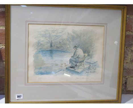 John Spencer Churchill (British 1926-2014) Winston feeding his Golden Orfes at Chartwell 1949, colour print, signed and dated