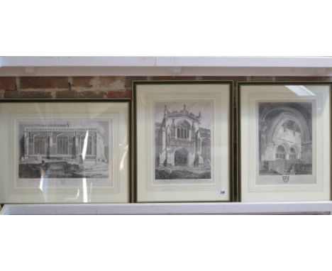 John Sell Cotman, three ebonised framed etchings from The Architectural Antiquities of Norfolk -interior of Walsoken church, 