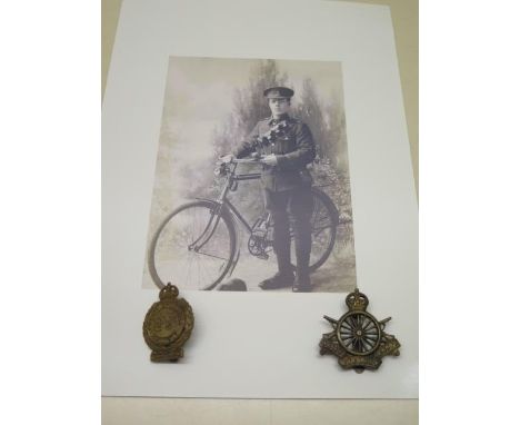 A Army Cyclist Corps cap badge, a County of London 25 cyclists cap badge and an image of a Hunts cyclist with Enfield cycle 