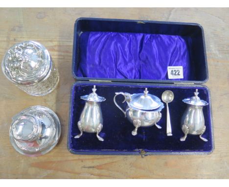 A boxed silver 3 piece cruet set, a silver top bottle and a silver inkwell, weighable silver approx 5 troy oz, some small den