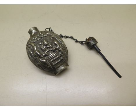 A Chinese silver 19th century snuff bottle with a silver and amber stopper decorated with 2 pairs of figures playing Checkers