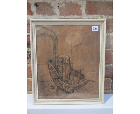 Peter Nuttall, ink sketch of a tug boat, frame size 43cm x 36cm, good condition 