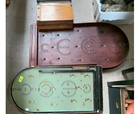 Two bagatelle boards with balls; a spring action paper guillotine 