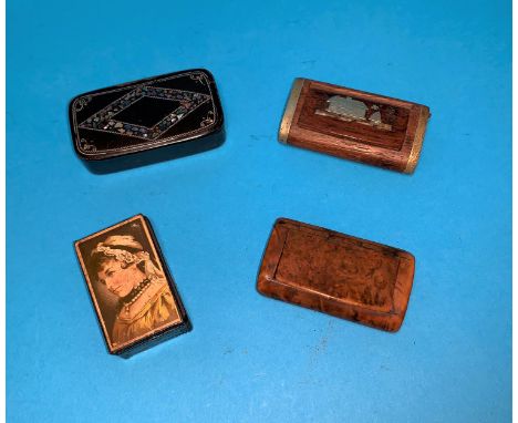 2 black lacquer snuff boxes, one depicting a woman's head, one inlaid with abalone, an inlaid silvered metal hardwood snuff b