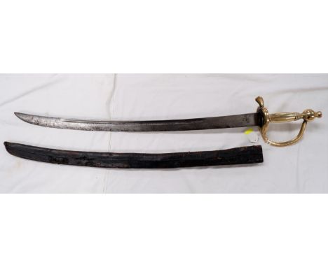 A Napoleonic Wars pattern sword with brass hilt and guard embossed, 1 No 332.28.L.R. with leather covered scabbard, 79cm over