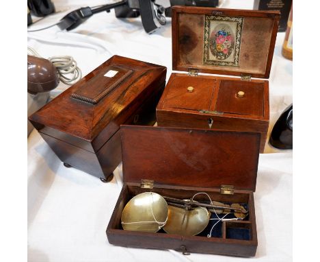 An early 19th century rosewood sarcophagus 2 draw tea caddy; a rectangular mahogany 2 draw tea caddy; a 19th century mahogany
