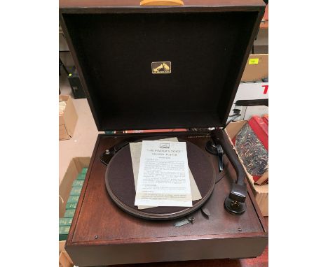 A vintage HMV stained wood cased electric record player (sold as a collector's item only) 