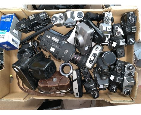 A vintage Zenit-E camera with helios lens, a vintage Voigtlander camera and a selection of other cameras including Practika e