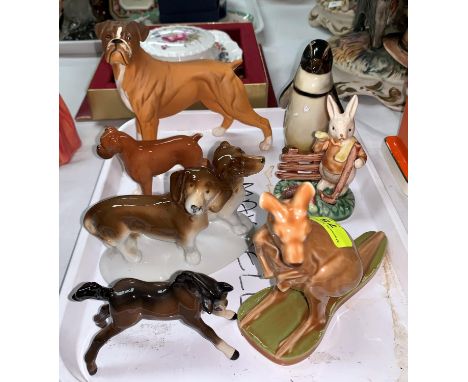 A Royal Doulton Penguin, Beswick Boxer dog, Beswick Bulldog, Wade Kangaroo and other china animals 